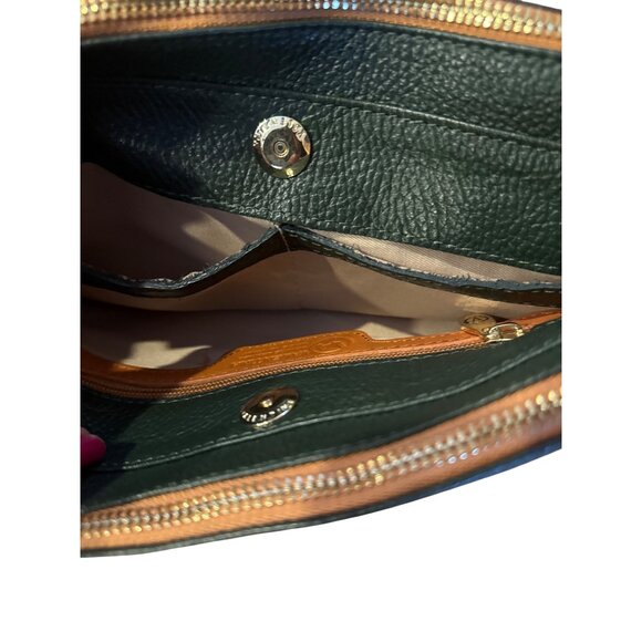 Valentina Italy Leather Shoulder Bag Green Tan Strap Gold Logo Zip Purse - Picture 12 of 16